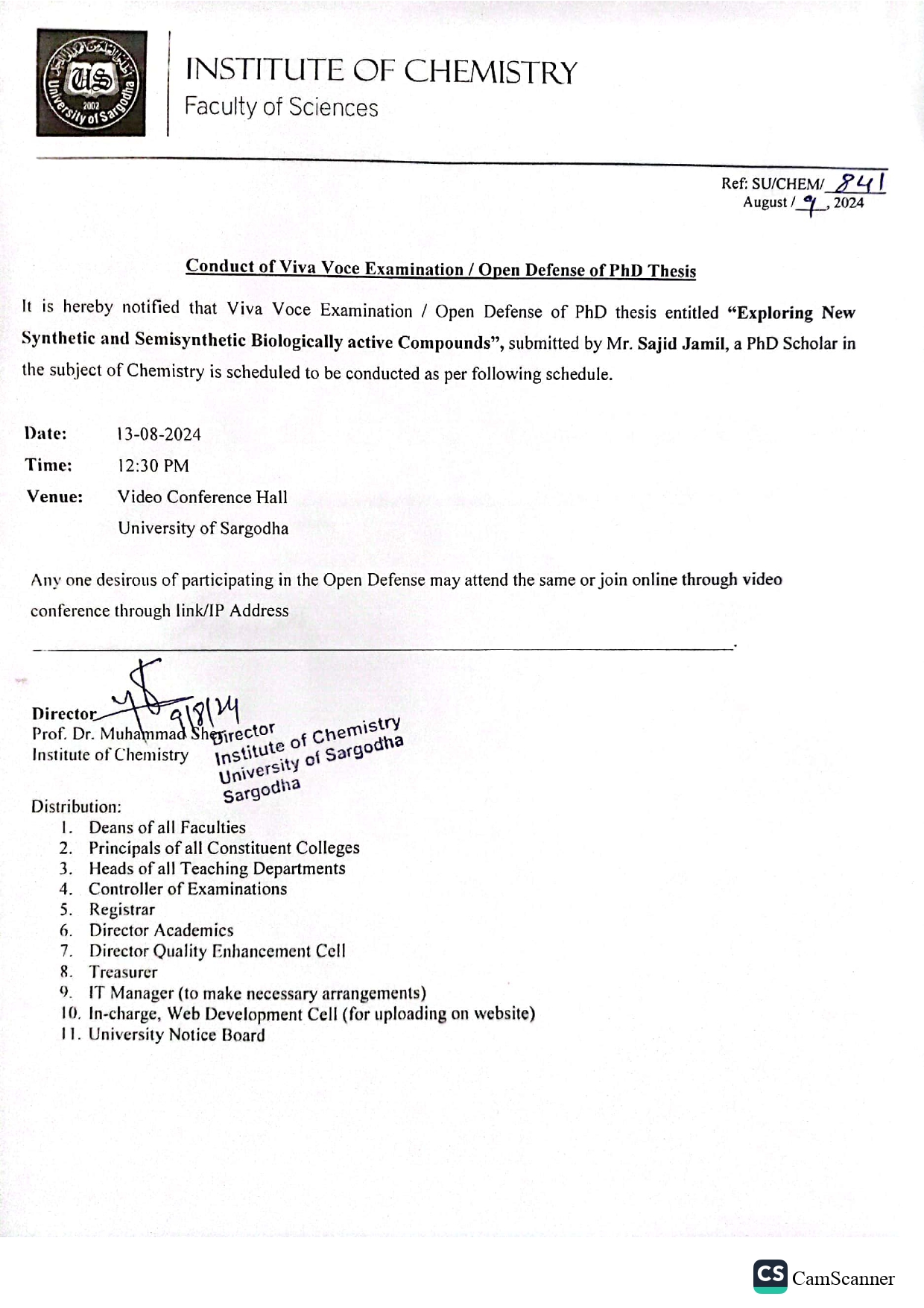 CONDUCT OF VIVA VOCE EXAMINATION/ OPEN DEFENSE OF PHD THESIS (CHEMISTRY)